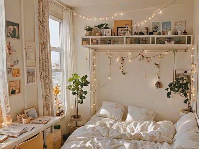 A cozy dorm room with a bed, a window, and a shelf with lights and plants. The bed is made with white sheets and has a white comforter. The room is decorated with a variety of potted plants and pictures on the wall. The window lets in natural light, creating a bright and inviting atmosphere.