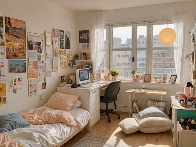 A dorm room with a bed, desk, and chair. The room is decorated with various items such as a computer, books, and potted plants.