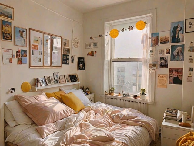 A bedroom with a messy bed and a window. The room is decorated with photos and various items.