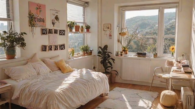 A dorm room with a bed, window, and potted plants. The room is clean and well-organized, featuring a white bed with a white comforter and pillows. There are several potted plants placed around the room, adding a touch of greenery to the space. The window provides a view of the mountains, making the room feel more spacious and inviting.