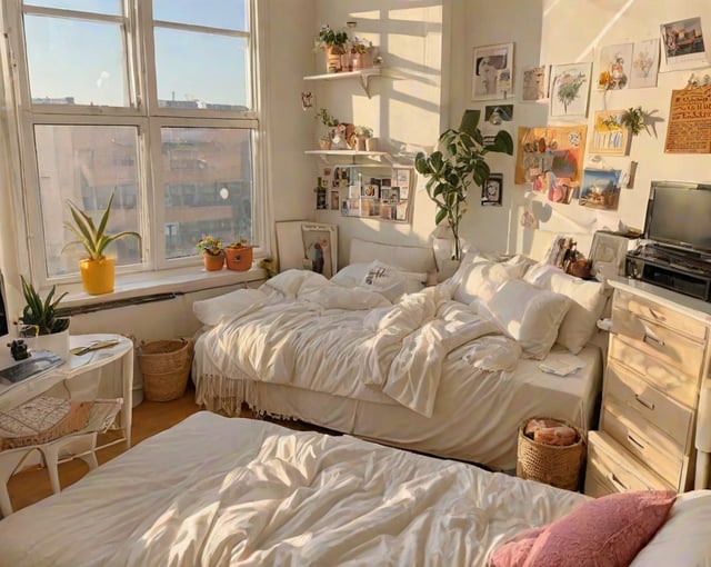 A dorm room with two beds, a window, and potted plants.