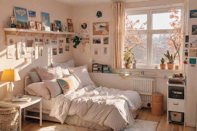 A bedroom with a large white bed, a window, and various decorations. The bed is covered in white sheets and pillows, and there are potted plants and pictures on the wall.