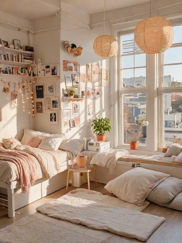 A cozy dorm room with two beds, a window seat, and a potted plant. The room is decorated with white sheets and pillows, and there are pictures on the wall. The window seat is covered in white blankets, and there are two small tables in the room.