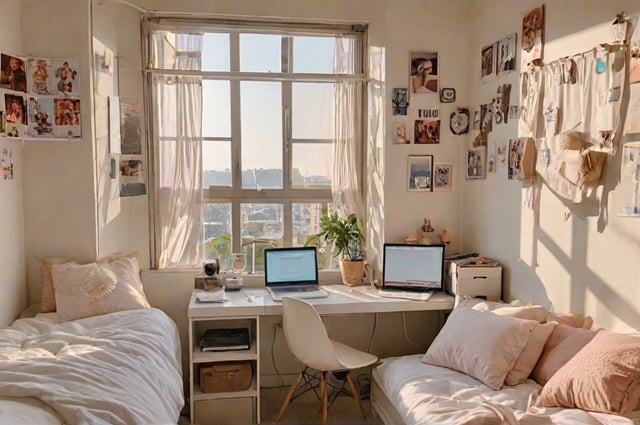 A dorm room with two beds, a desk with two laptops, and a potted plant. The room has a window with curtains and is decorated with pictures on the wall.