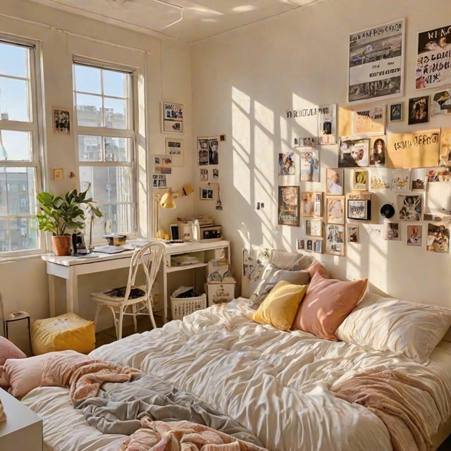 A cozy dorm room with a neatly made bed, a desk, and a window. The bed is covered in white sheets and has a pink and yellow throw blanket. The room is decorated with various pictures and a potted plant, creating a warm and inviting atmosphere.