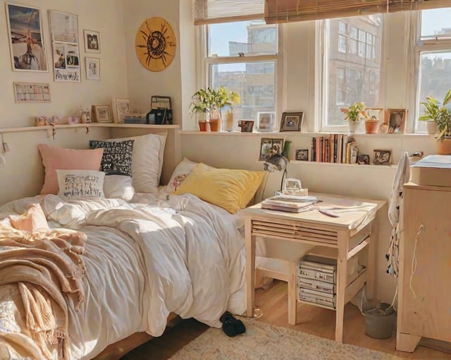 A cozy dorm room with a bed and a desk. The bed is covered in white sheets and has a yellow pillow. The desk is made of wood and has a lamp and a book on it.