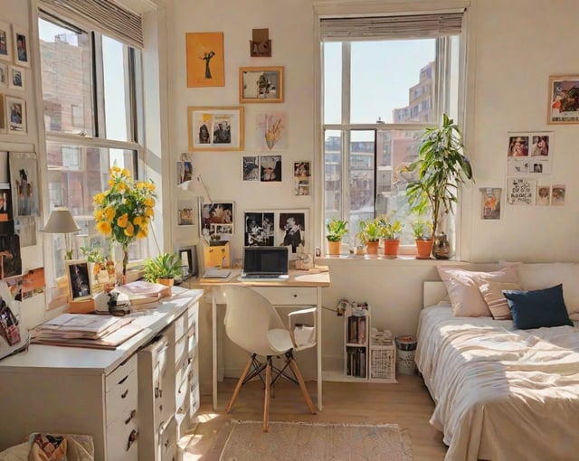 A small dorm room with a desk and a bed. The room is decorated with many pictures and has a laptop on the desk. There are also several potted plants and a vase of flowers in the room.