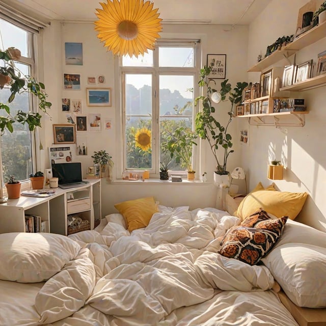 A bedroom with a large bed, a desk with a laptop, and a window with sunflowers. The room is decorated with various plants and pictures on the wall.