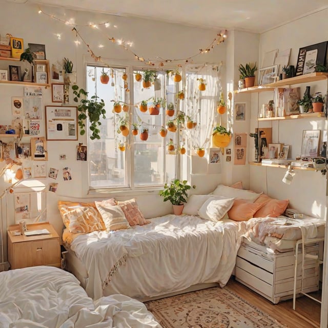 A cozy dorm room with a bed and a window. The room is decorated with a string of lights and potted plants. The bed is covered in a white comforter and has a white sheet. There are several pillows on the bed, including a pink pillow. The room also features a couch, a desk, and a book.