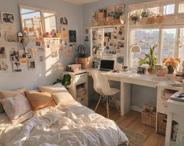 A cozy dorm room with a bed, desk, and various decorations. The room features a white bed with a white comforter and a laptop on the desk. The walls are adorned with numerous pictures and decorations, creating a personalized and inviting atmosphere. The room also has a potted plant and a chair, adding to the overall comfort and functionality of the space.