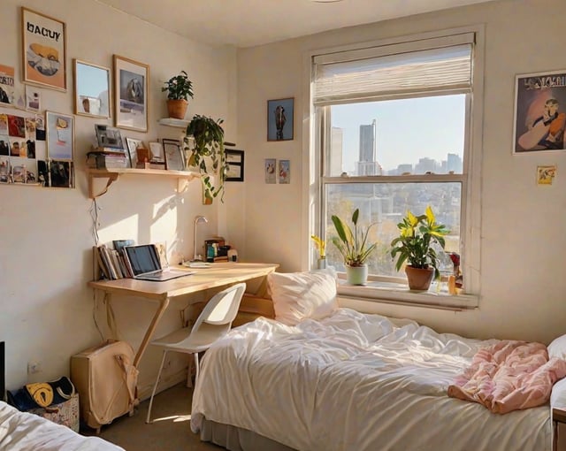 A cozy dorm room with a bed, desk, and window. The bed is covered in white sheets and has a white pillow. The desk has a laptop and a potted plant on it. The window has a view of the city, and there are several potted plants in the room.