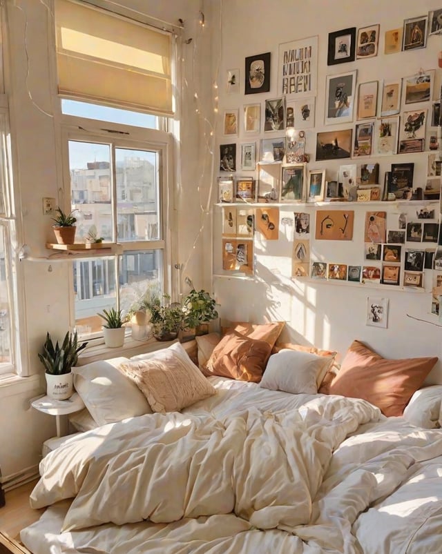 A cozy dorm room with a large bed, white sheets, and a window. The room is decorated with many pictures on the wall and has several potted plants. The bed is covered in white sheets and has a white comforter.