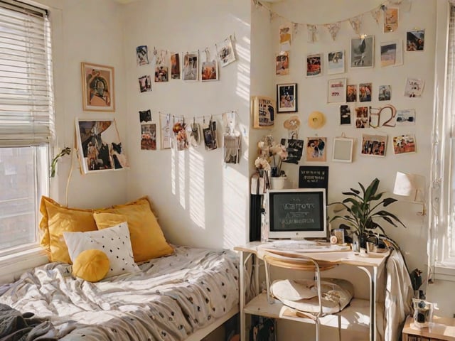 A dorm room with a bed, a desk, and a lot of pictures on the wall. The bed has a yellow pillow and a white pillow with a polka dot pattern. The desk is made of wood and has a computer on it. The room is brightly lit by sunlight coming through the window.