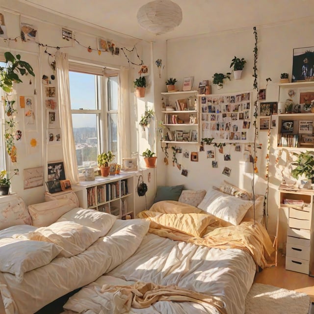 A bedroom with a large bed, potted plants, and a window overlooking the city.