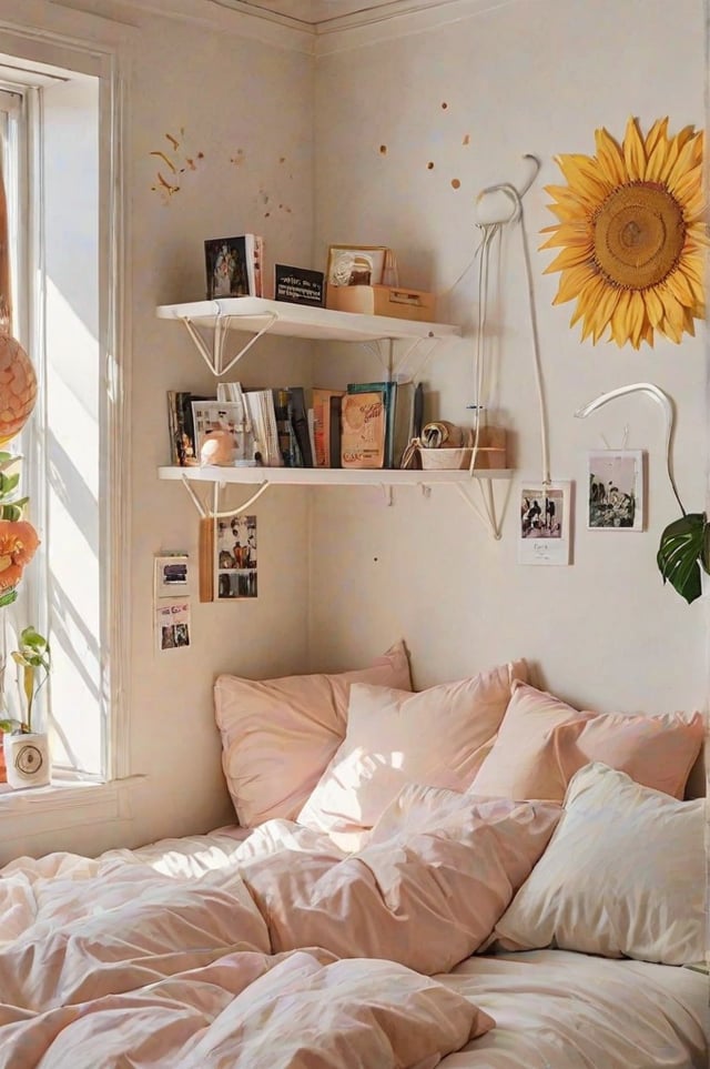 A dorm room with a bed, bookshelf, and sunflower decoration on the wall.