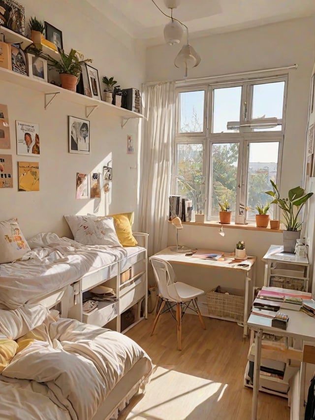 A bedroom with a bed, desk, and window. The room is decorated with potted plants and artwork, creating a comfortable and inviting atmosphere.