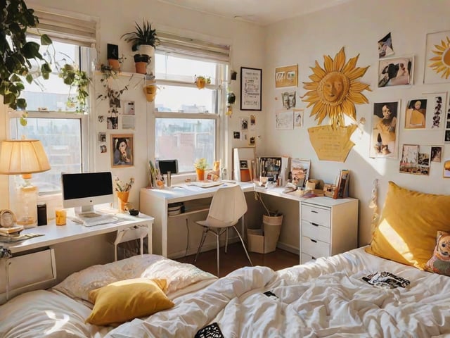 A dorm room with a bed, desk, and various decorations. The room is bright and sunny, with a large window letting in natural light.