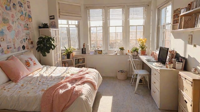 A bedroom with a bed, desk, and windows. The room is filled with plants and decorations, creating a cozy and inviting atmosphere.