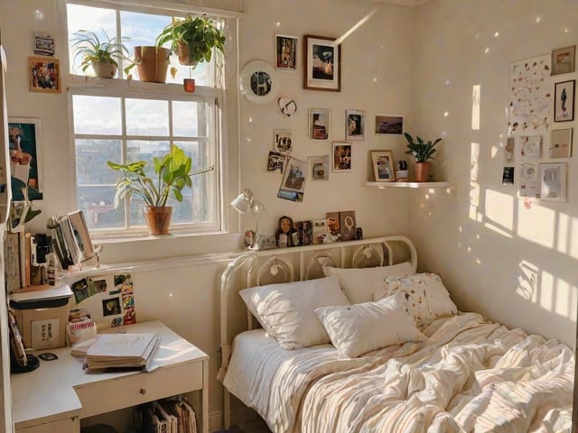 A cozy dorm room with a white bed, a desk, and a window. The room is decorated with various pictures and potted plants, creating a warm and inviting atmosphere.