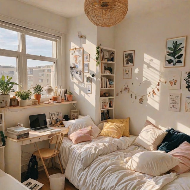 A cozy dorm room with a bed, desk, and various decorations. The room is filled with potted plants and pictures on the wall, creating a warm and inviting atmosphere.