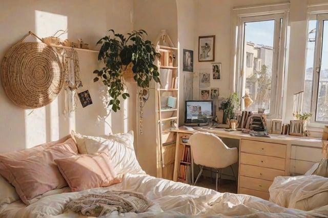 A cozy dorm room with a bed, desk, and a window.