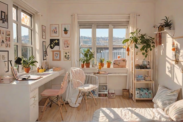 A dorm room with a desk, chair, and lots of potted plants. The room is bright and sunny, with a window providing a view of the city. The space is decorated with various art pieces and has a cozy, inviting atmosphere.