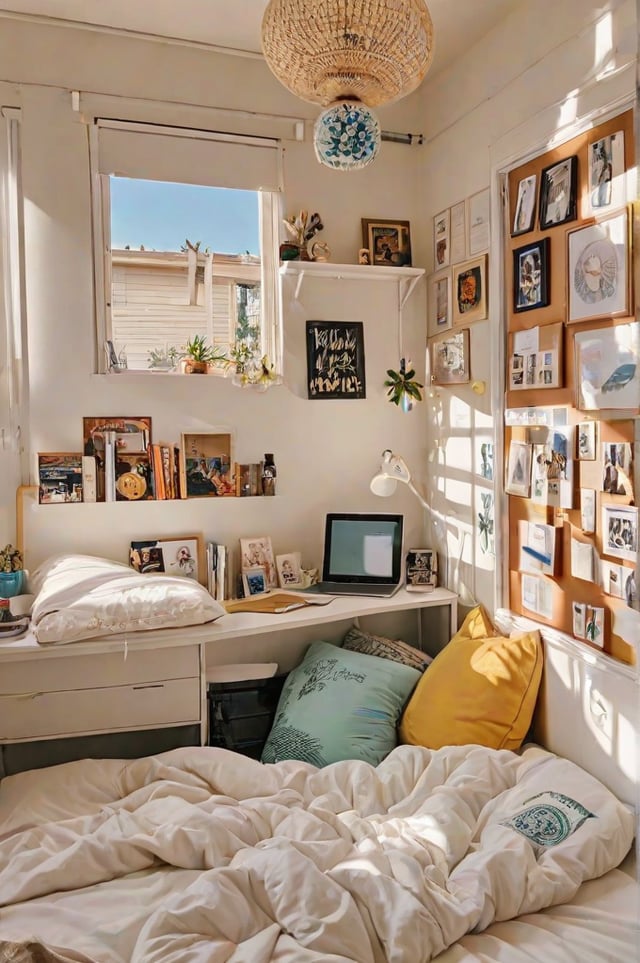 A cozy dorm room with a bed, desk, and shelves. The room is decorated with many pictures, books, and potted plants. A laptop is placed on the desk, and a window lets in natural light.