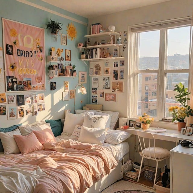 A cozy dorm room with a white bed, pink sheets, and a window view. The room is decorated with various pictures and plants, creating a warm and inviting atmosphere.