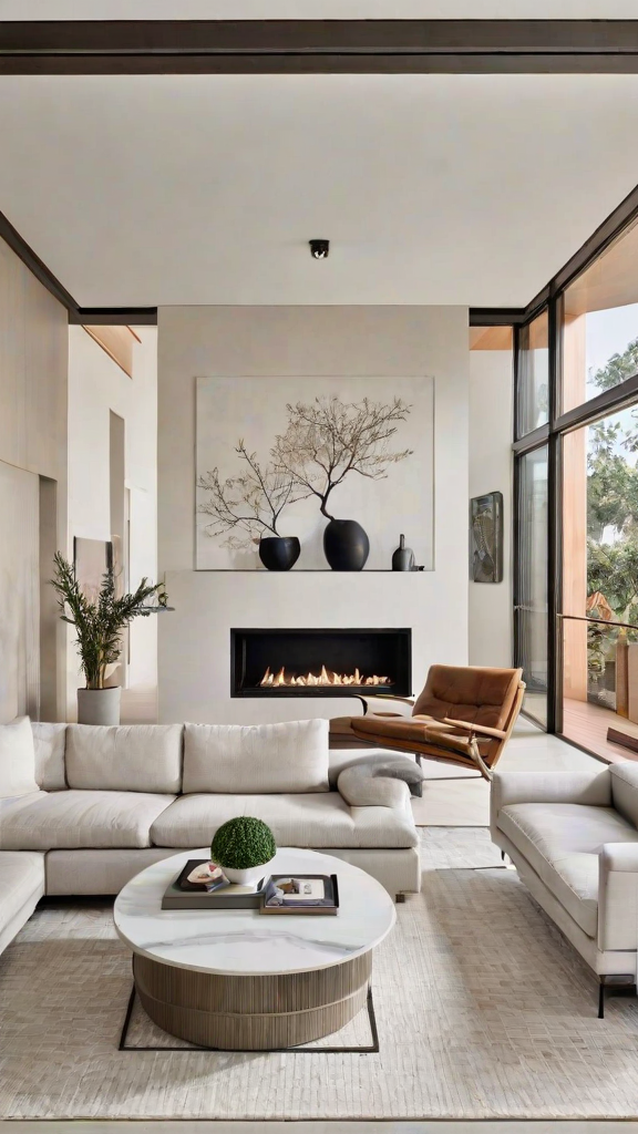 A cozy contemporary living room with a fireplace and a large window. The room is furnished with a couch, chair, and a coffee table. The fireplace has a fire going, creating a warm and inviting atmosphere. The room is decorated with a painting above the fireplace and a vase on the coffee table.