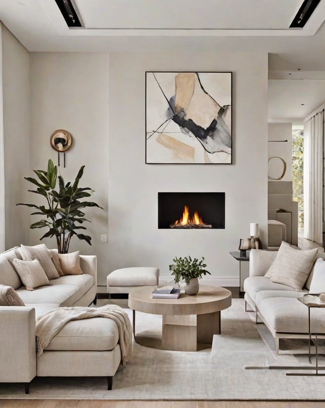 A living room with a fireplace, couches, and a coffee table. The room is decorated with a painting and a potted plant.