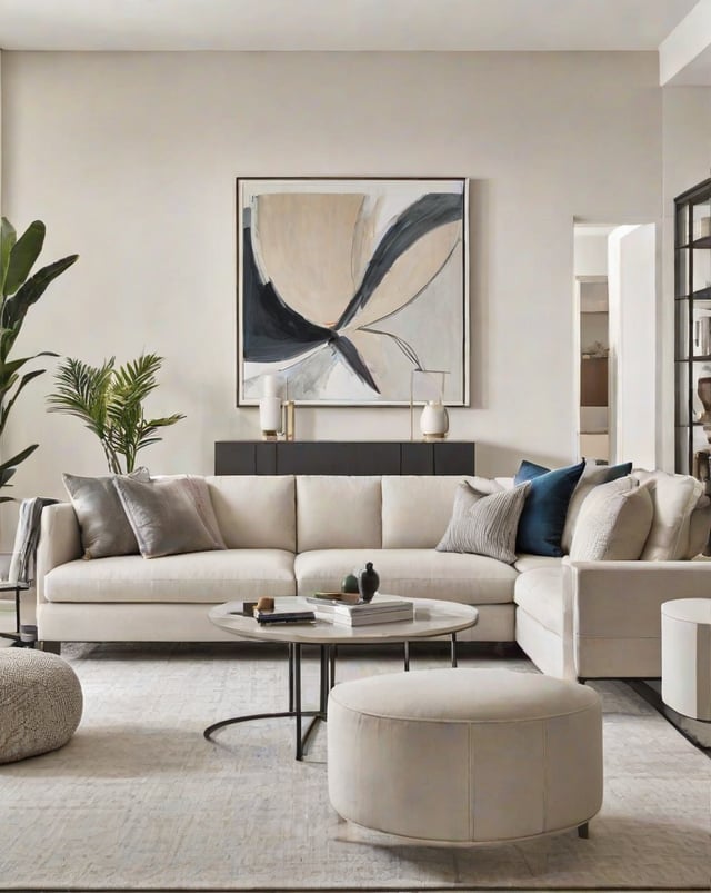 A contemporary living room with a large white couch, coffee table, and artwork on the wall.