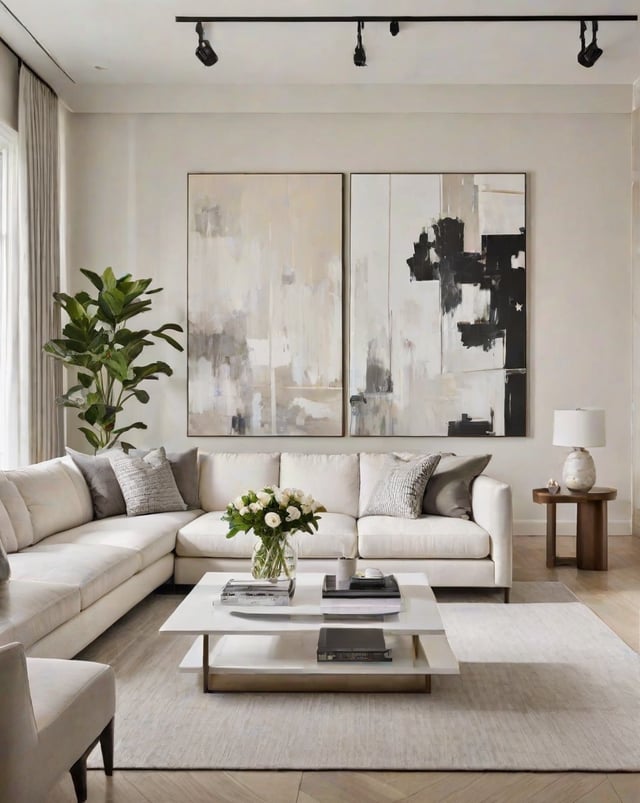 A white couch with a coffee table and two paintings on the wall. A potted plant and a vase of flowers on the table.