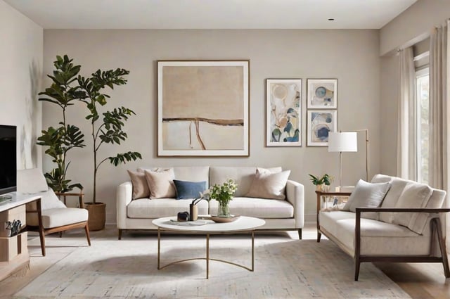 A contemporary living room with a large white couch, coffee table, and pictures hanging on the wall.