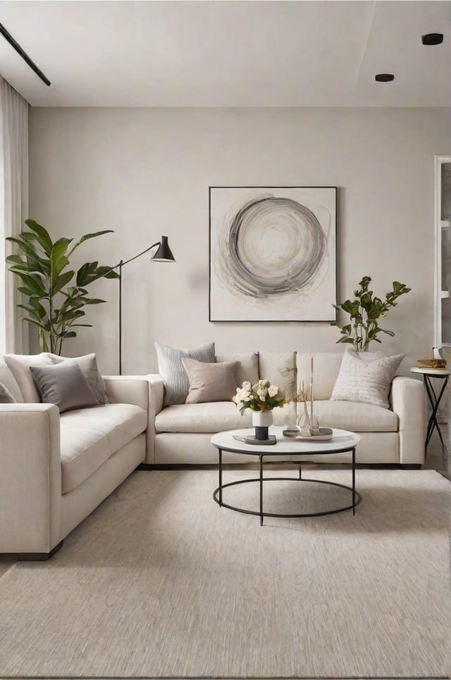 A contemporary living room with a white couch, a coffee table, and a large painting on the wall. The room is decorated with several potted plants and vases.