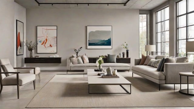 A contemporary living room with a white couch, a coffee table, and two paintings on the wall. The room is decorated with a few potted plants and vases.