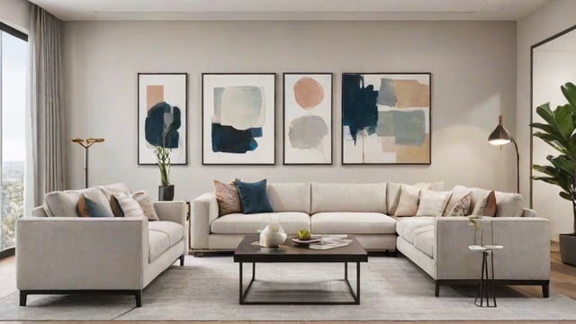 A living room with a couch, table, vase, bowl, rug, and potted plant.