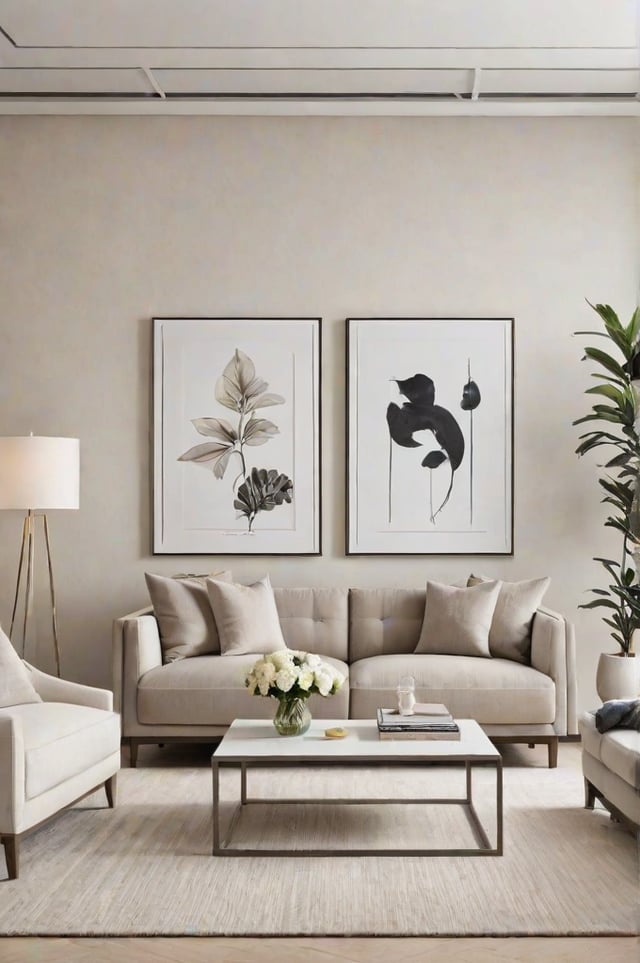 A contemporary living room with a couch, pictures, and a plant.