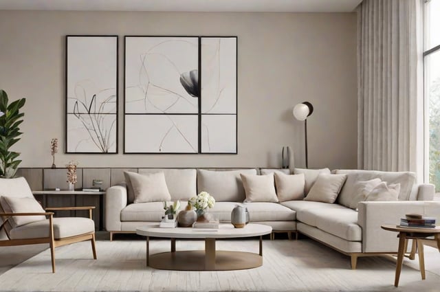 A contemporary living room with white furniture and a large painting on the wall. The room is well decorated with a coffee table and a vase of flowers. The couches are arranged in a way that creates a comfortable and inviting atmosphere.