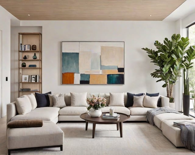 A contemporary living room with a large painting on the wall and a white couch. The room has a clean and modern design with a large window that allows for plenty of natural light. The couch is positioned in front of the painting, creating a focal point in the room. The room also features a bookshelf with several books and a potted plant that adds a touch of greenery to the space.