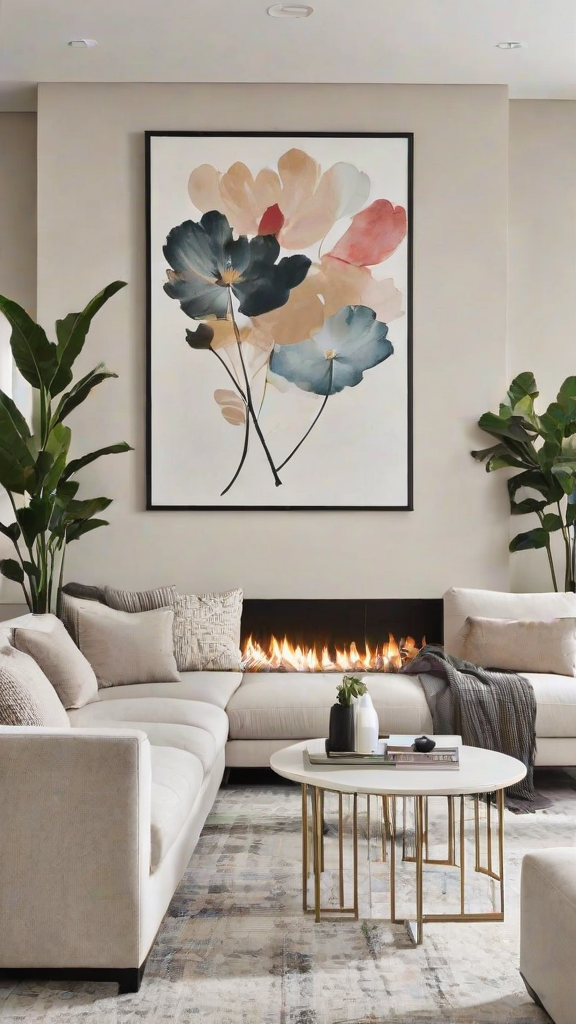 Contemporary living room with a fireplace and painting of flowers on the wall