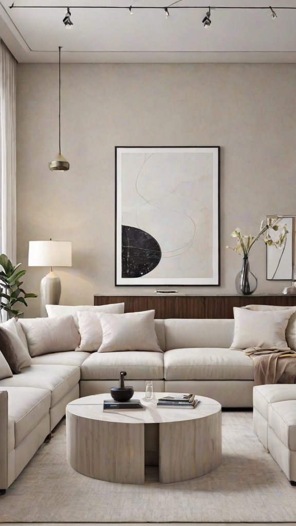 A white couch in a contemporary living room with a painting on the wall and a vase of flowers.