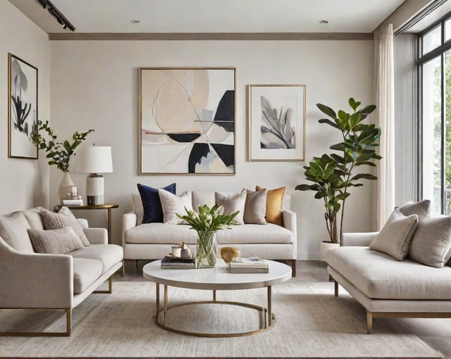 A contemporary living room with a white couch, round coffee table, and three paintings on the wall.