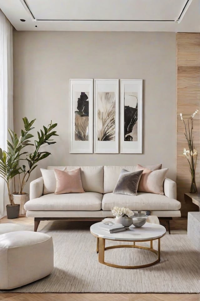 A contemporary living room with a white couch, pillows, and two pictures hanging above it. The room also includes a potted plant and a vase with flowers.