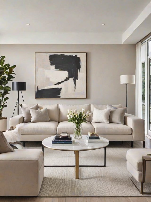 A living room with a large painting on the wall, a white couch with pillows, and a vase of flowers on a coffee table.