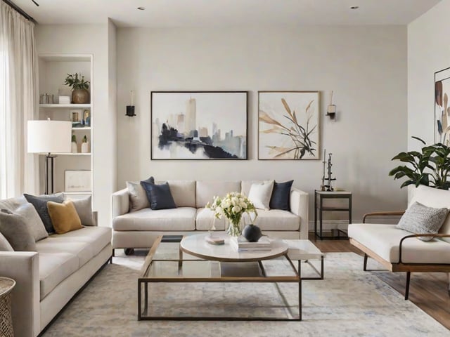 A contemporary living room with a white couch, a glass table, and a large painting on the wall.