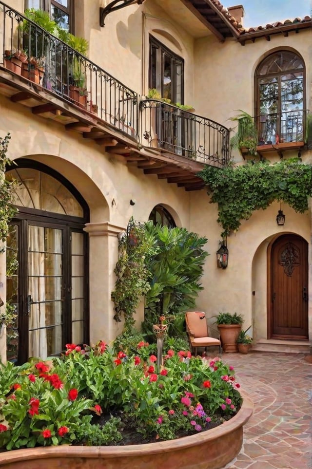 A house exterior with a balcony, red door, and a patio filled with potted plants and flowers.