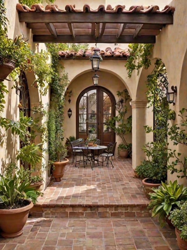 Spanish style house with a patio and a doorway. The patio has a table and chairs with potted plants surrounding the area. The doorway leads to a courtyard with a brick walkway and more potted plants.