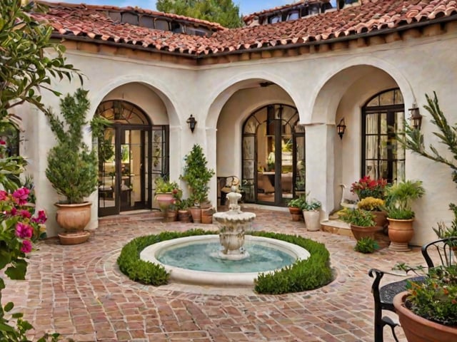 A Spanish style house with a fountain in the middle of a circular driveway, surrounded by potted plants.