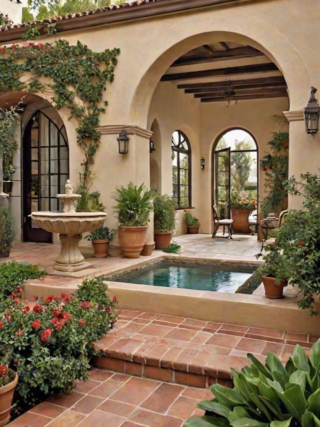 A Spanish style house exterior with a pool, fountain, and potted plants.