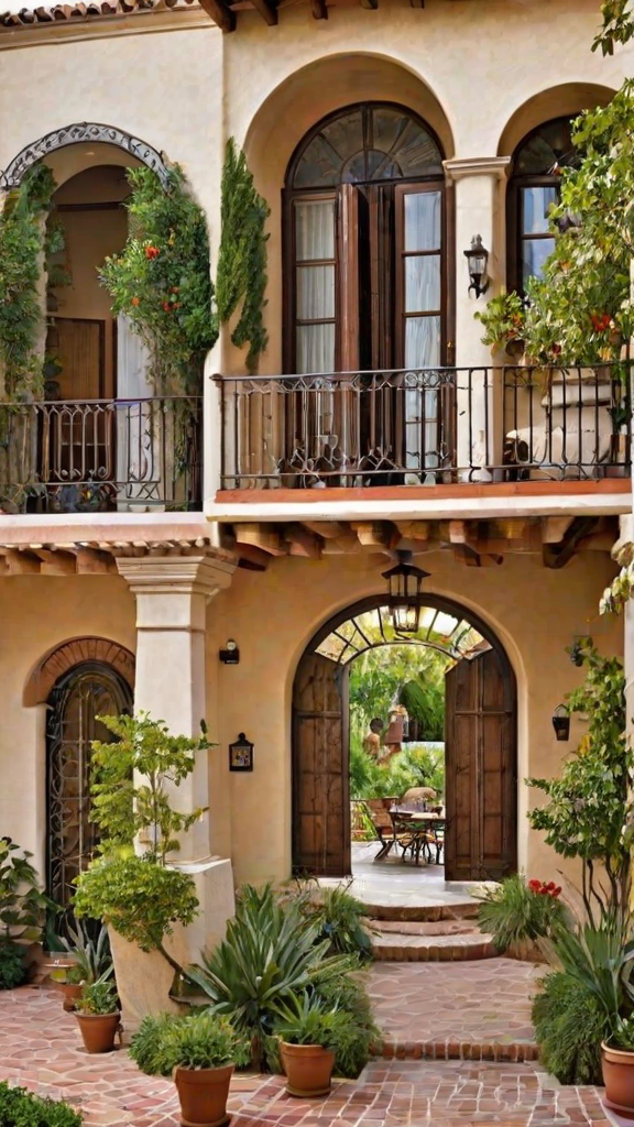 A Spanish style house with a large wooden door and a balcony. The door is open, revealing a patio with a dining table and chairs. The house is adorned with several potted plants.